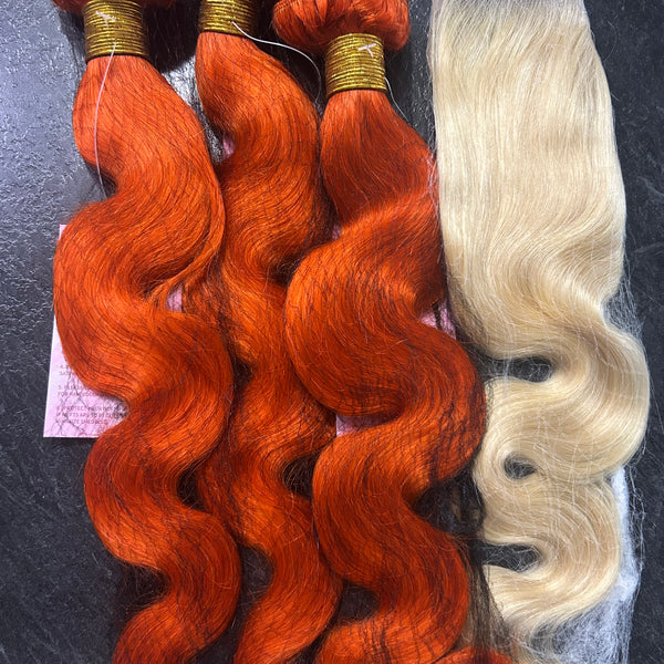 Bundles Body Wave Ombré Orange & Blond 613 avec Closure 4X4