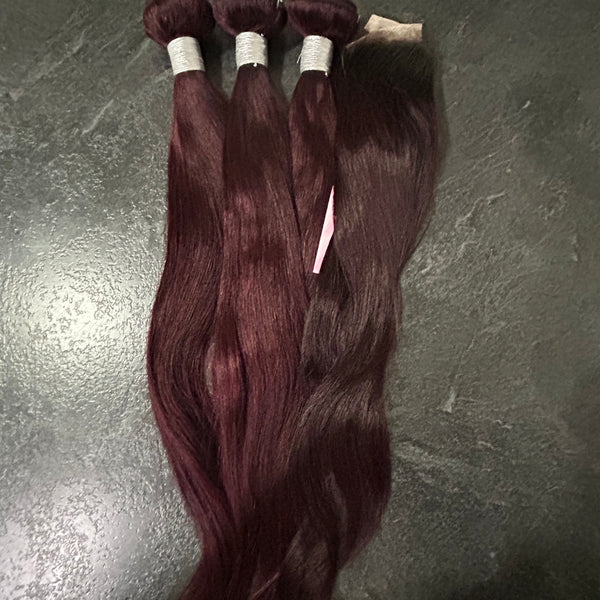 Bundles Straight 99J avec Closure 4X4 – Cheveux Naturels Bordeaux